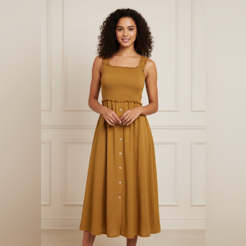 Blu Pepper Mustard Smocked Square-Neck Maxi Dress